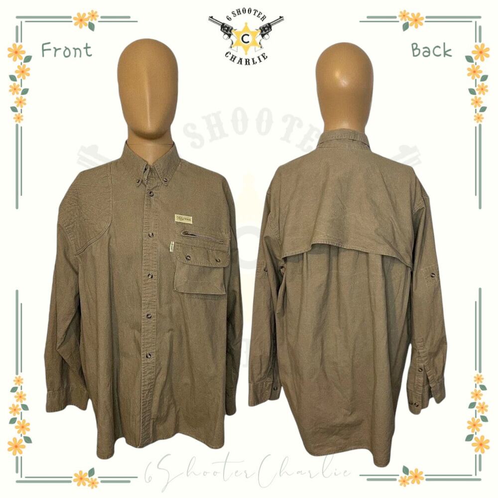 Vintage TAG Safari Travel Clothing Khaki Padded Shooting Long Sleeve Shirt SZ XL